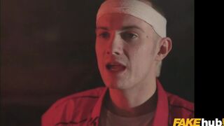 FAKEhub - Big busty tattoo blonde babe Louise Lee gets double teamed in hot threesome with massive facial - "TRIPLE DRAGON!" 80s parody - 4 image