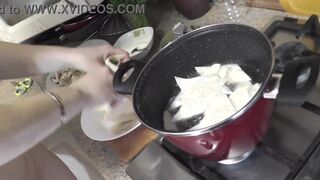 Sexy mommy MILF Frina continues her nude cooking. Without panties and bra high heels in kitchen Milf prepares delicious vegetarian appetizer of pita bread and champignons with sauce. Pussy Ass Big natural tits MILF - 9 image