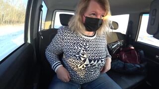 A Chubby MILF Rides in a Car and Shows Big Boobs, Hairy Pussy on a Webcam. - 3 image