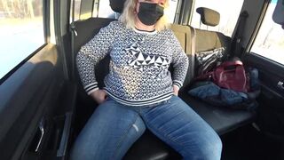 A Chubby MILF Rides in a Car and Shows Big Boobs, Hairy Pussy on a Webcam. - 4 image