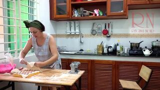 Ravioli Time! Nude Cooking. Regina Noir, a nudist cook at nudist hotel resort. Stripped maid. Bare hou