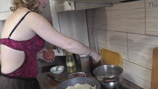 Mommy MILF without panties in stockings high heels continues nude cooking, shows pussy, boobs, nipples, butt and cooks pasta nautically  in kitchen. Ass pussy tits legs mom MILF - 7 image