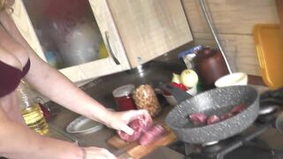 Without panties and bra in high heeled stockings, sexy mom MILF Frina continues nude cooking in her erotic kitchen. Chanakhi is on menu today. In medical uniform. Striptease. Nudist. Naturist. Naked at home. Pussy, ass, big natural tits Milf - 2 image