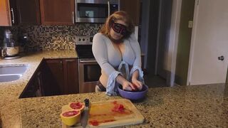 Slicing and crushing Food and RUBBING it into MY BIG MILF BOOBS - 1 image