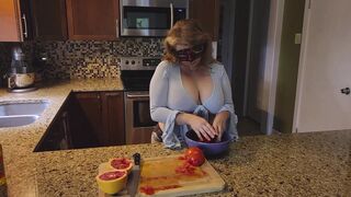 Slicing and crushing Food and RUBBING it into MY BIG MILF BOOBS - 11 image