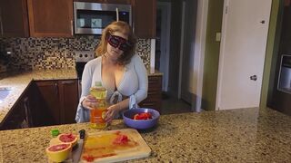 Slicing and crushing Food and RUBBING it into MY BIG MILF BOOBS - 13 image