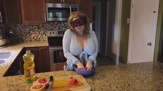 Slicing and crushing Food and RUBBING it into MY BIG MILF BOOBS - 15 image