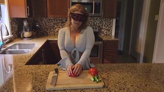 Slicing and crushing Food and RUBBING it into MY BIG MILF BOOBS - 2 image