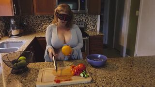 Slicing and crushing Food and RUBBING it into MY BIG MILF BOOBS - 8 image
