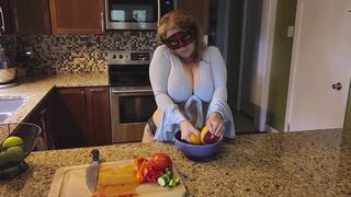 Slicing and crushing Food and RUBBING it into MY BIG MILF BOOBS - 9 image