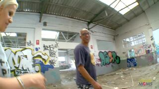 This blonde nympho does not hesitate to ride his big cock in the abandoned building