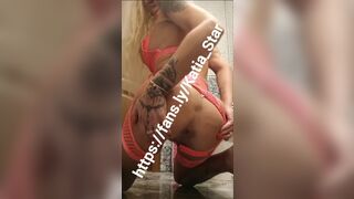 Katia Star skinny fit blonde fake tits bimbo in sexy pink outfit plays with her pussy and cums all over this dildo - 7 image