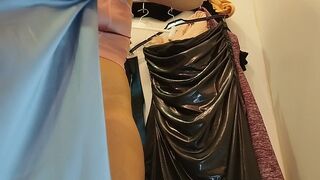 Naughty sexy milf tries on naked clothes. Latina hairy pussy tries on clothes in bed.