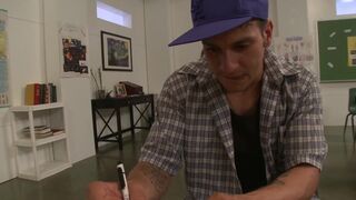 Blonde with huge bombs is ready to fuck and suck a cock in the classroom - 1 image