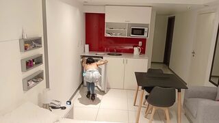 spying on stepmother while she cleans the house, brunette, Latina, big ass, busty.