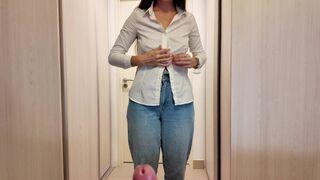 Stepmother helped her stepson quickly cum in her panties before work