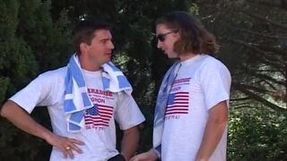 Big boobed Blonde French MILF enjoys outdoor threesome - 1 image