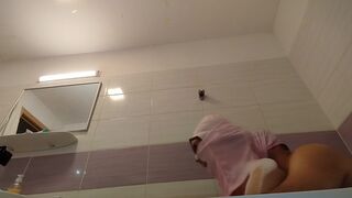 Amateur couple takes a bath, wife with hairy pussy, big ass, big tits.