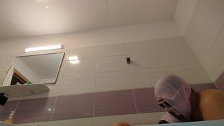 Amateur couple takes a bath, wife with hairy pussy, big ass, big tits.