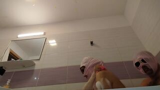 Amateur couple takes a bath, wife with hairy pussy, big ass, big tits.