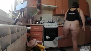 Sexy mom makes breakfast, hairy pussy, big tits. Sexy woman clears out the house, hairy, big ass. - 4 image