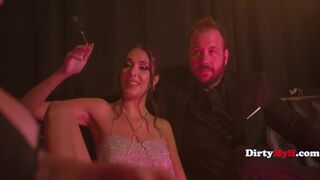 Petite milfs Aria Sloane, Kayla Paige & Chad White strip down & play strip club threesome with tight pussies