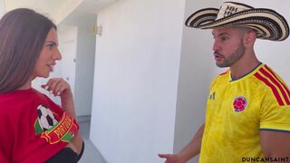 Duncan Saint & Raissa Bellini's soccer game turns into a steamy threesome with a fat cock and a pretty face