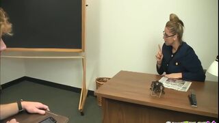 Stacy Starr dominates and punishes classroom jerk with her busty natural tits and skilled handjob skills - 1 image
