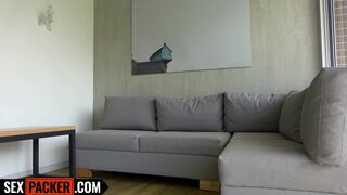 Watch as this tattooed Latina MILF gets dominated on the couch by a big cock and deepthroats it up close and personal - 1 image