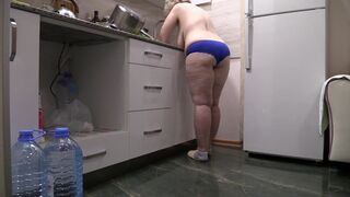 BBW MILF housewife in the kitchen wearing only panties. - 15 image