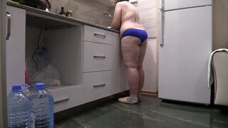 BBW MILF housewife in the kitchen wearing only panties. - 6 image