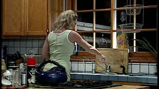 Inexperienced pretty blonde was seduced my elder carpet muncher on the kitchen - 1 image