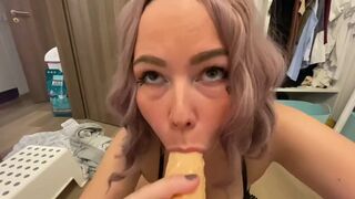 Busty Bitch plays with milk and Sloppy Blowjob Dildo Cock - 10 image
