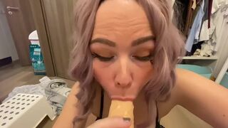 Busty Bitch plays with milk and Sloppy Blowjob Dildo Cock - 8 image