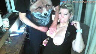 The old Fox squeezes the tits of his eternally inexperienced bitch, and she gratefully sucks his cock! )) - 5 image