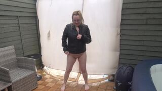 Sexy wife posing in the Yard naked in Leather coat - 2 image