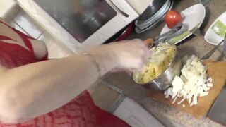 In transparent peignoir without panties and bra, nude mom Milf Frina continues to cook naked in kitchen. Today on menu is salad of chicken breast and champignons. - 12 image